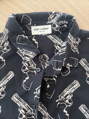 Saint Laurent SILK Black Button-Down Shirt with Ivory Revolver Print